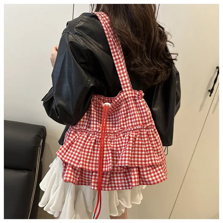 Women's Tote Bag Ruffles Plaid Drawstring Handbag Women Fashion Canvas Shoulder Bags	Large Capacity Korean Bags Bolsos De Mujer