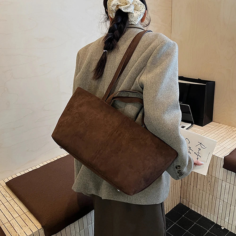 Large Capacity Tote Women Bag Retro Faux Suede Shoulder Bag Quitting Designer Bags for Women Handbag Commuting Shopper Purses