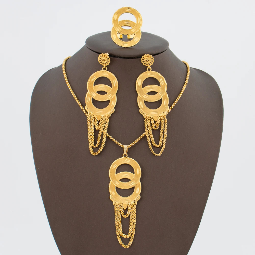 African Jewelry Set for Women Gold Plated Earrings and Pendant Necklace Wedding Party Jewellery Tassel Earrings and Necklace Set