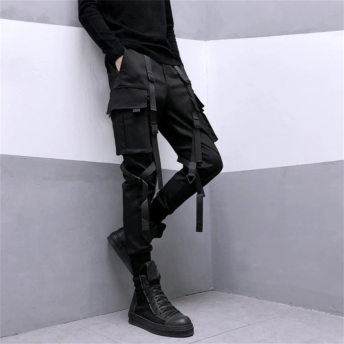 Black Cargo Pants Hip Hop Joggers Men Loose Harem Pants Multi-pocket Ribbon Men's Pants Trousers Streetwear Sport Pants for Men