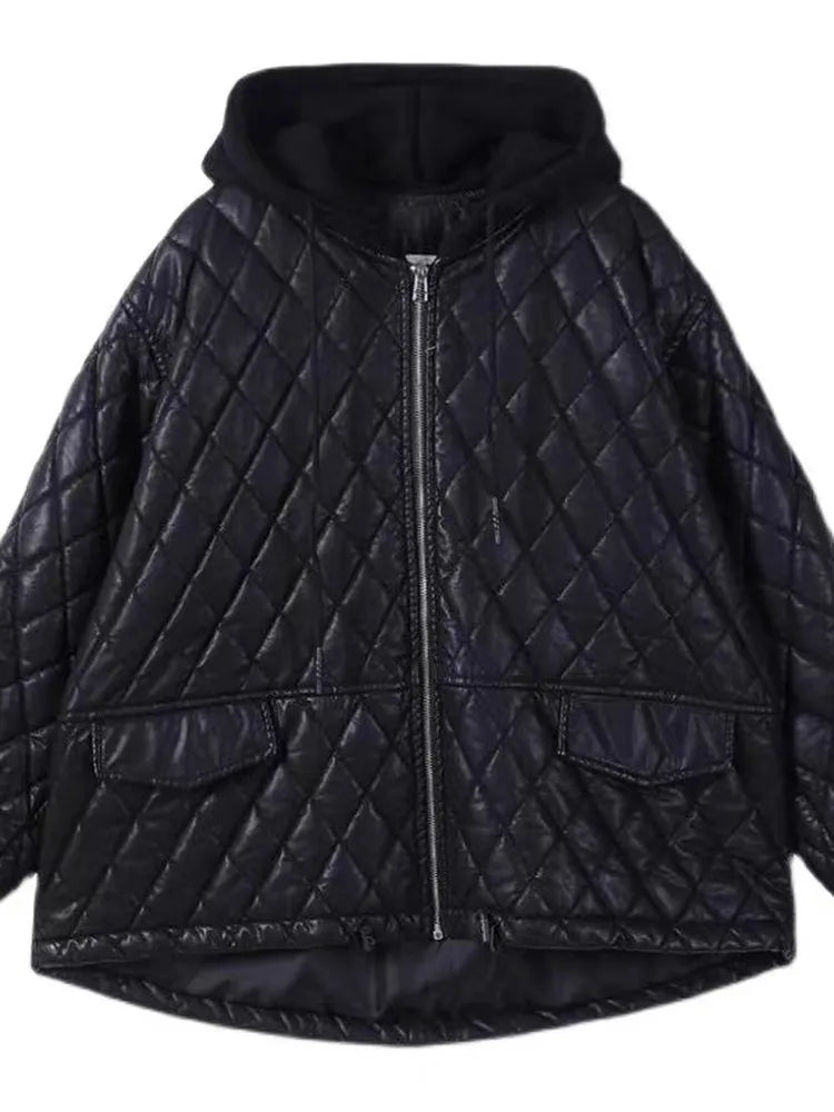 Faionable ort PU Leather Jaet Women's Thiened Cotton Inserted Outerwear Sli Commute Sle Long Sve Zipper Design