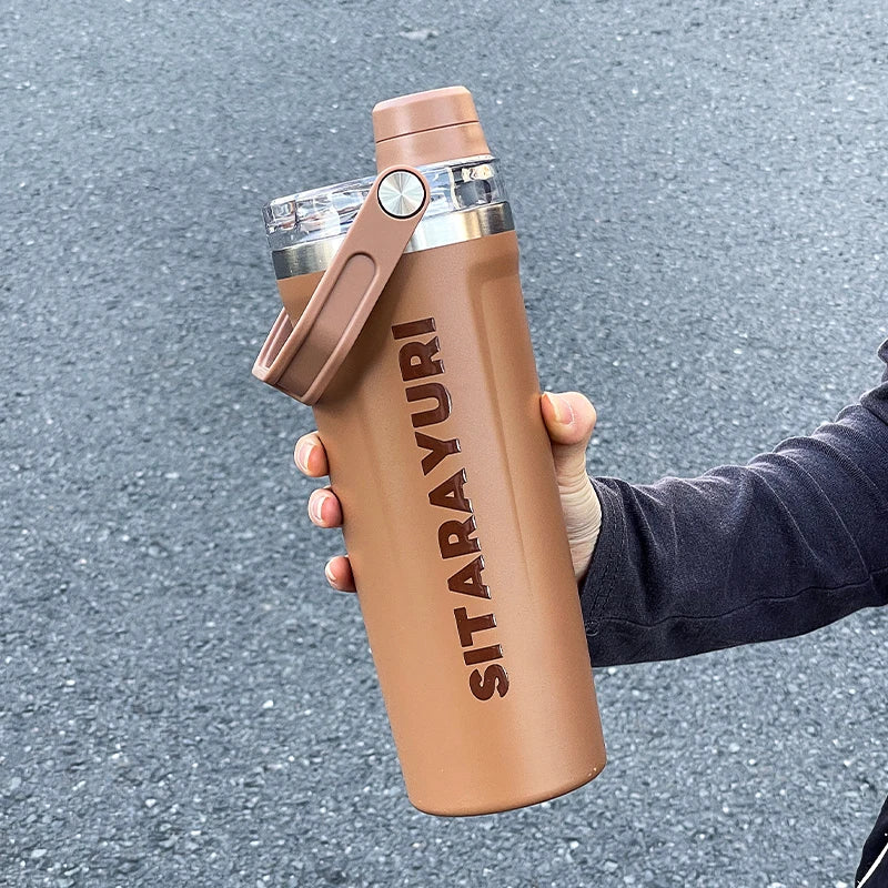 1pc 800ml magnetic lid insulated water bottle, minimalist letter print handle water cup, office and outdoor insulated cup