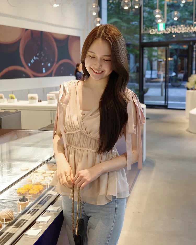 Women's Tops Summer Bow Tie Sweet Elegant Blouse Femme V Neck Shirt Waist-Cinching Japanese Style Sleeveless Chiffon Blouse