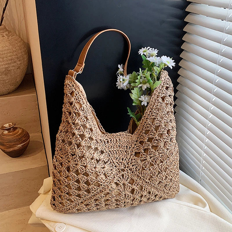 Women Weaving Clutches Top-handle Bag Large  Portable Shoulder Bag Summer Beach Purses Shopper Satchel Female Tote Bags