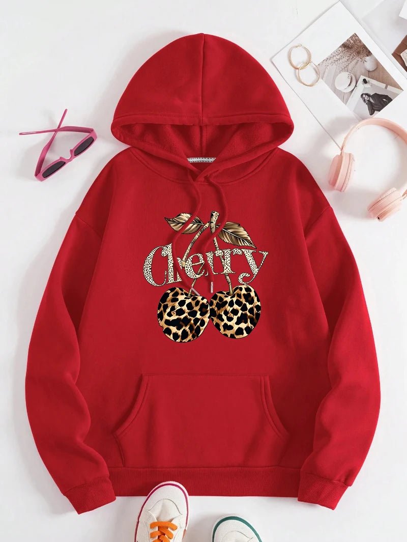 2025 Leopard Cherry Creative Printing Hoodies Women All-Match Streetwear Y2K Pocket Hoody Autumn Winter Casual Women Clothing