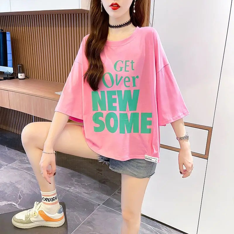 Women's T-shirt Summer Outfit Graphic Short Sleeve Cotton Top Female Baggy Trending Clothing Korean Popular Clothes Cheap Woman
