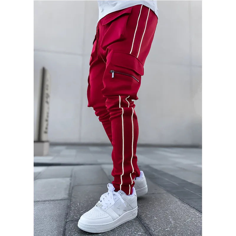 Spring and Autumn Workwear Pants Men's Fashion Brand Elastic Multi-Bag Reflective Straight Sports Fitness Casual Trousers