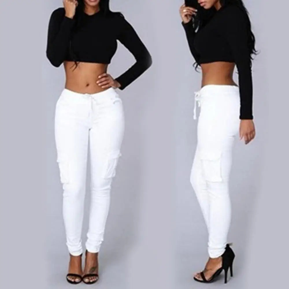 Pants Casual Solid Color Women Trousers Skinny Cargo Pockets Drawstring Joggers Trousers