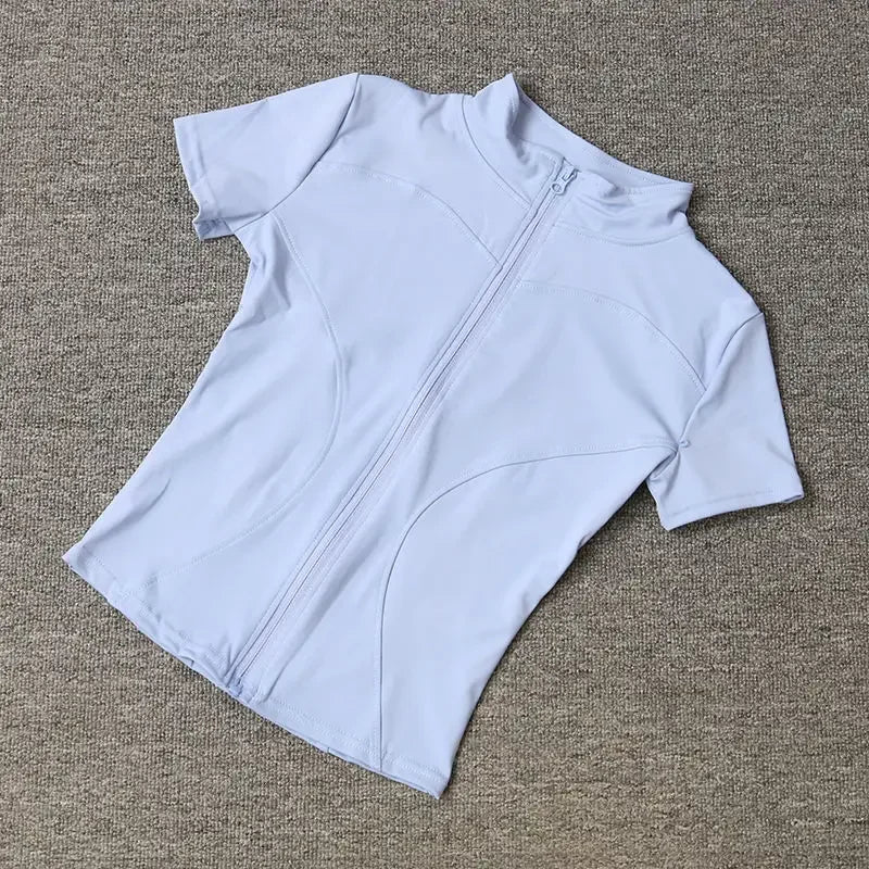 Summer High Quality Waist Slimming Training Tops Women's Quick-drying Tight Stand Collar Full Zipper Short Sleeves Yoga shirts
