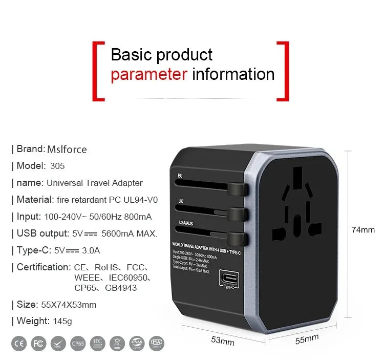 Travel Smart Adapter International Plug Adaptor Wall USB Type C Charger AC Power US EU UK AU for iPhone iPad Android Tablet