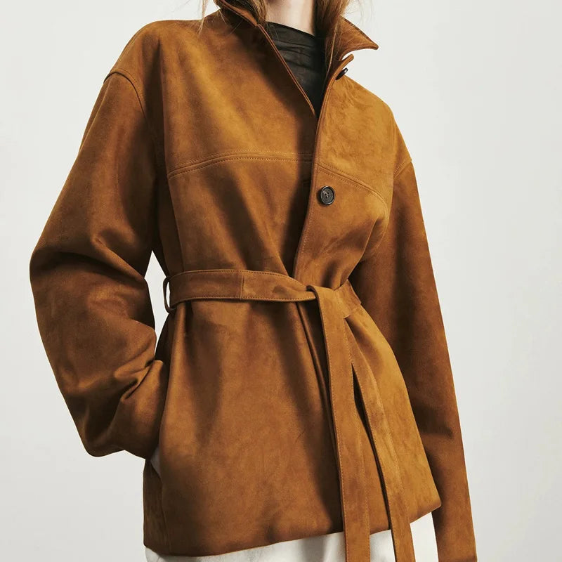 French High-end Kid Suede Leather Jacket for Woman Auburn Square Neck Single Breasted Long Coat with Waistband Female Outwears