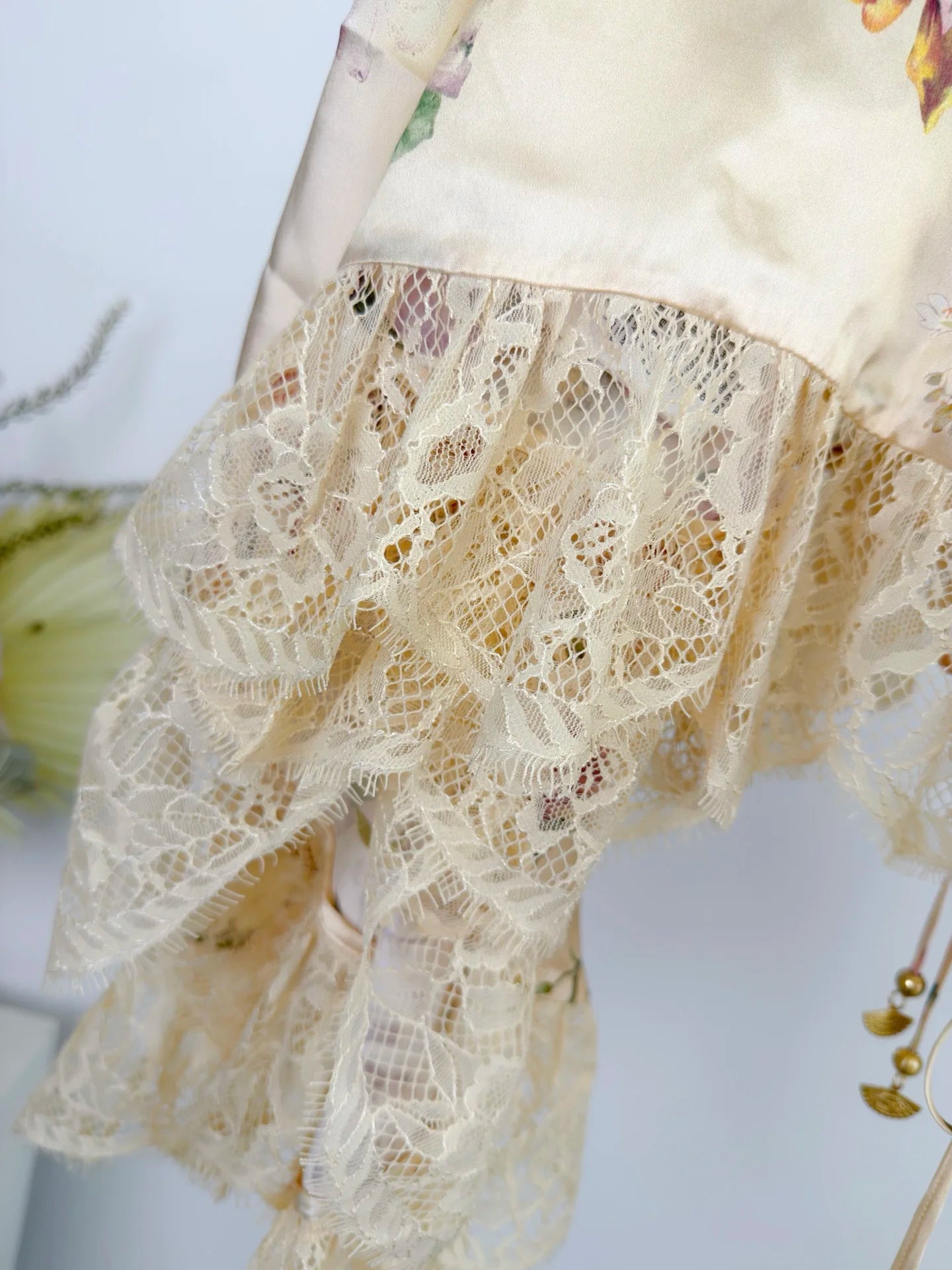 Women Silk Flower Printed Long Dress Heavy Beaded V-Neck Lantern Sleeve Loose Female dress