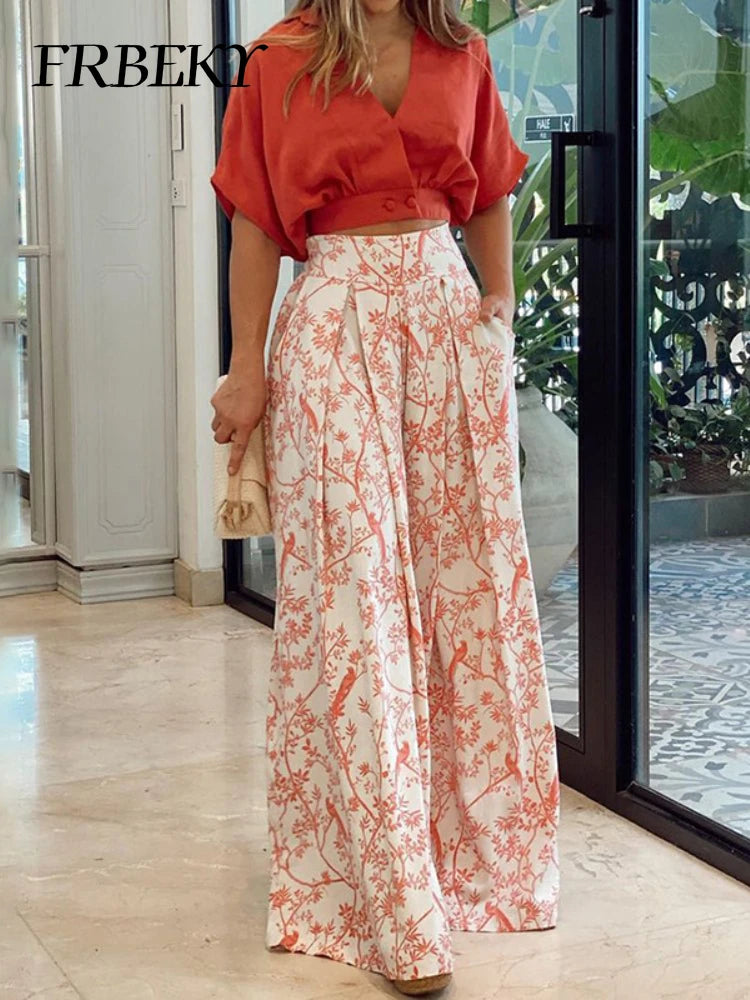 Pant Sets Summer New Bat Sleeve Print Shirt & Wide Leg Pants Two Piece Set for Women Fashion Women's Suit Chic and Elegant Set