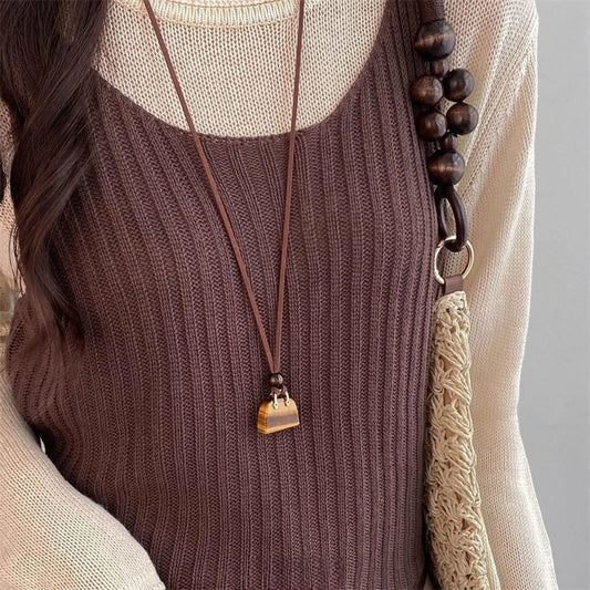 Brown Bag-Shaped Long Necklace Women's Fashionable Sweater Chain Luxurious Vintage Neck Accessory