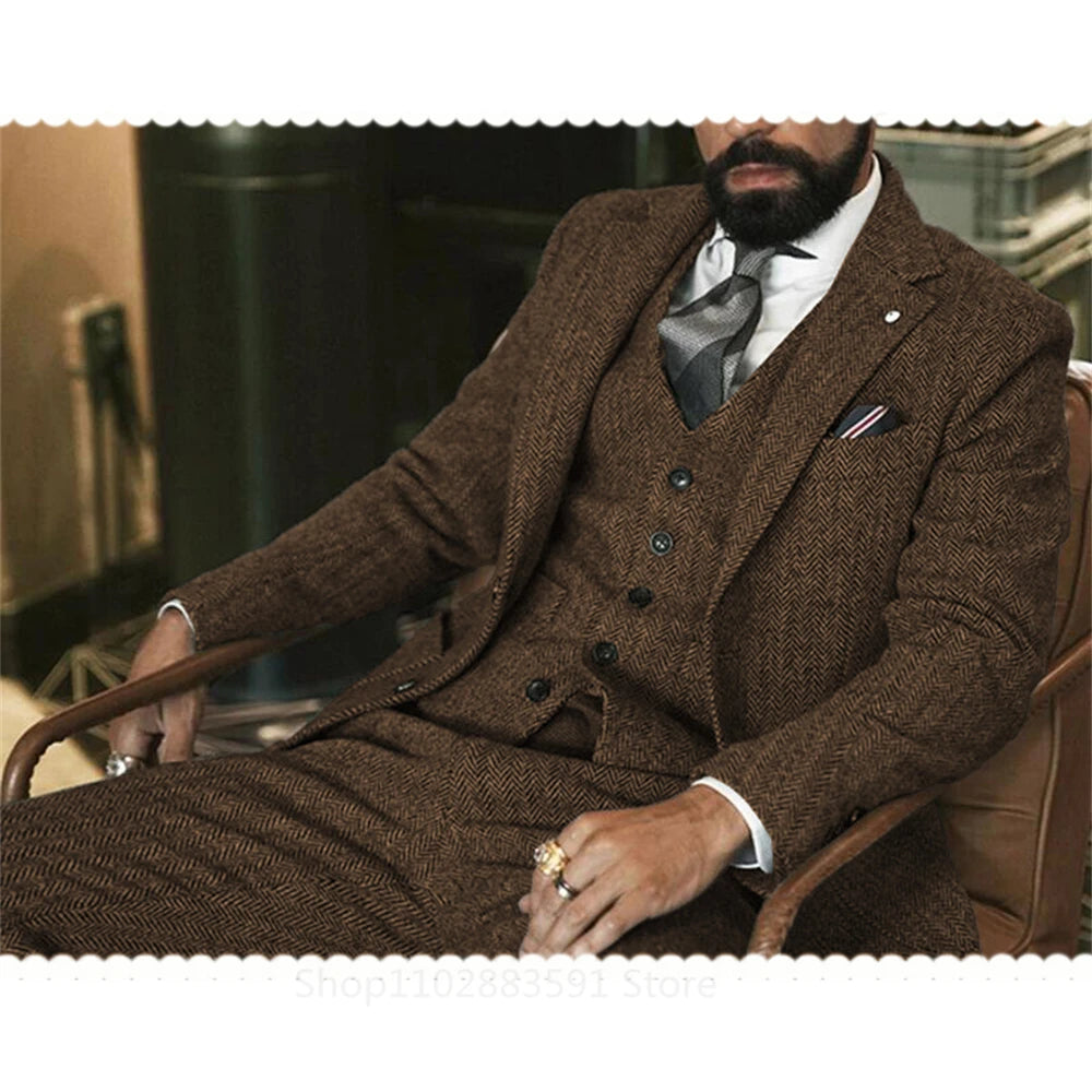 3 Piece (Jacket +Vest +Pants) Gray Wool Tweed Winter Men Suit's For Wedding Herringbone Male Formal Groom Tuxedo Fashion