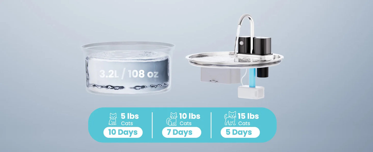 ATUBAN Wireless Cat Water Fountain-3.2L Automatic Cat Water Fountain Cordless,Stainless Steel Battery Operated for Multiple Pets