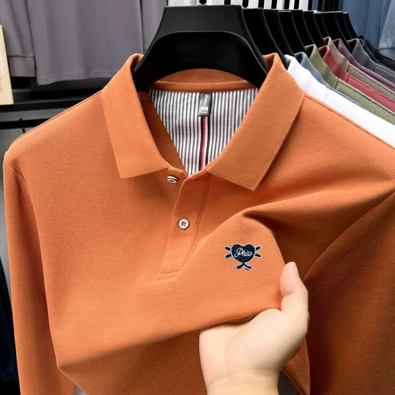 100% pure cotton men long sleeved polo shirt autumn new high-end brand heart-shaped embroidery comfortable casual lapel T-shirt