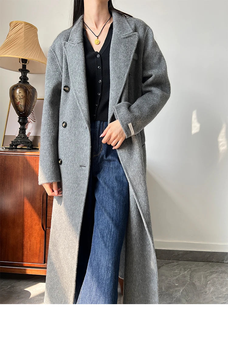 Office Lady Woolen Jackets 2024 Autumn And Winter Suit Collar Double Breasted Warmer Yak Hair Loose Long Women's Wool Coats