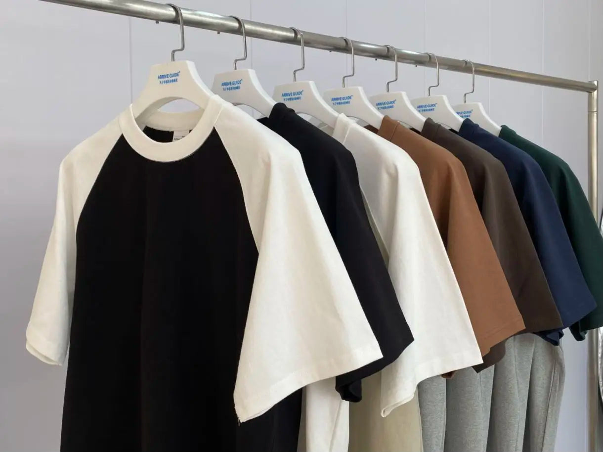 Mens 100% Heavy Cotton T-Shirt 300gsm Oversized Casual Stitching Color Tee Round Neck Loose Fit Knitted Tops Fashion Streetwear