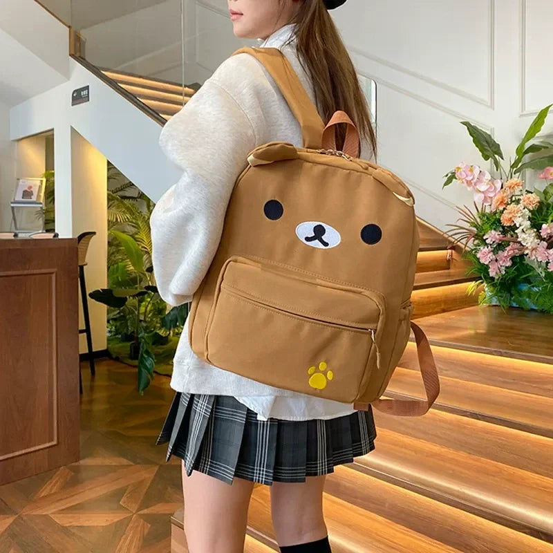 Rilakkuma Kawaii Cartoon Backpack Waterproof Nylon Large Capacity Embroidery School Bag For Young Adult Daily Travel Campus Work