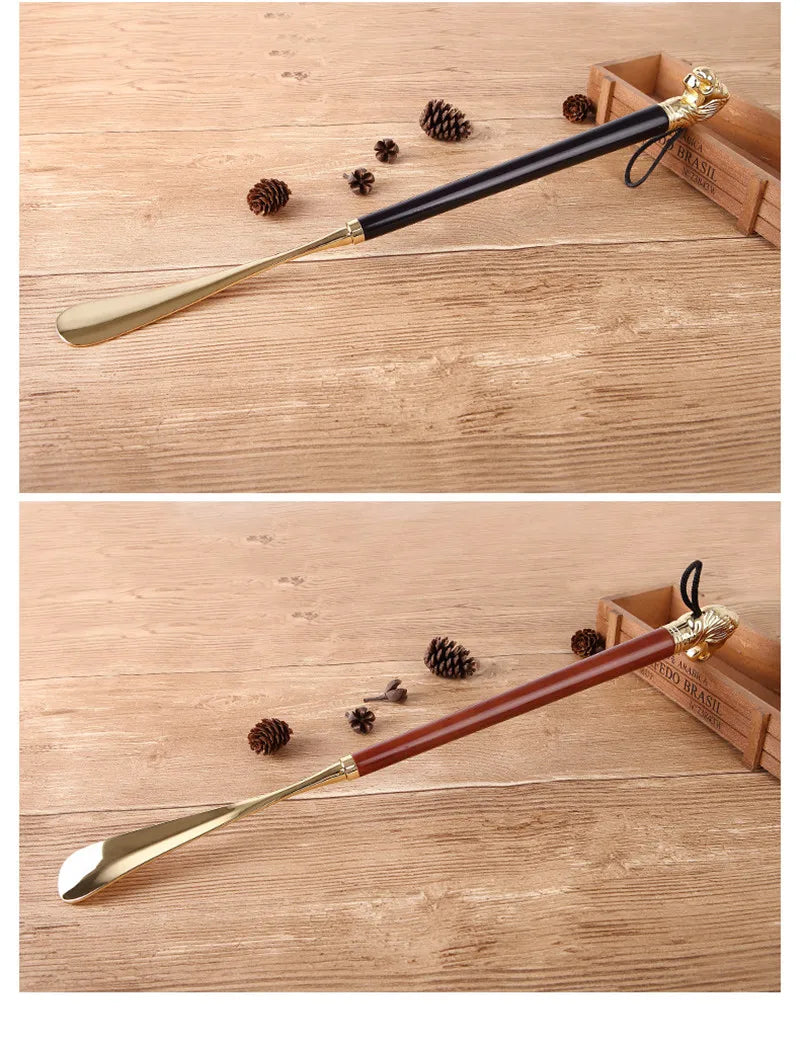 High-quality Delicate Lion Horse Head Metal Shoe Horn Luxury Shoe Pull-on Non-bending Alloy Solid Wood Shoes Pull-on Apparatus