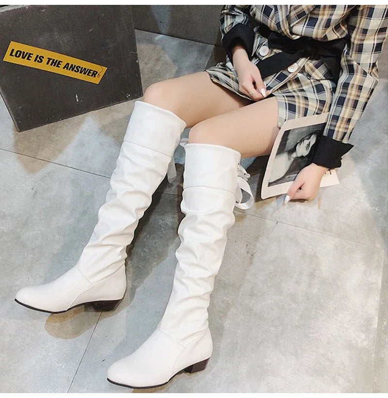 Shoes For Women  Knee High Boots Red Black White Tall Boots Woman Pleated Low Heel Casual Leather Female Long Shoes