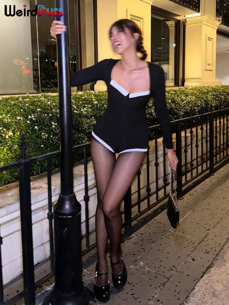 Weird PussWhite Edging Playsuit Women 2025 Spring Square Collar  Skinny Stretch  Long Sleeve Romper Streetwear Tight Overalls