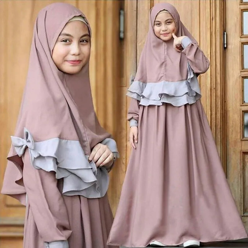 Islamic Muslim Kids Girls Prayer Dress Burka Kaftan Abaya Ramadan Robe Arab Middle East Clothes 2pcs Set Bow 2 Color Patchwork