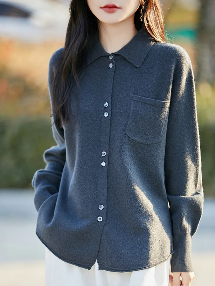 POLO Collar Wool Sweater 100 Pure Wool Spring And Autumn New Knitted Women Loose And Slimming Cardigan ZA682