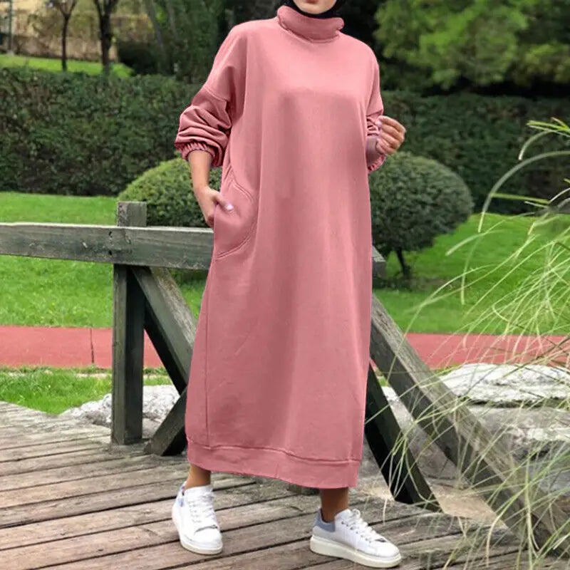Women Hoodies Dresses Autumn Winter Casual Hooded Plush Tutleneck Pocket Sweaters Dress Long Sleeved Casual Loose Vestidos 2023
