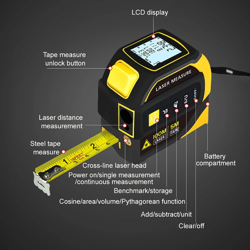 5m Measuring Tape 40-100m Distance Laser Rangefinder Infrared Electronic Ruler Cross Line USB Rechargeable bluetooth Drawing