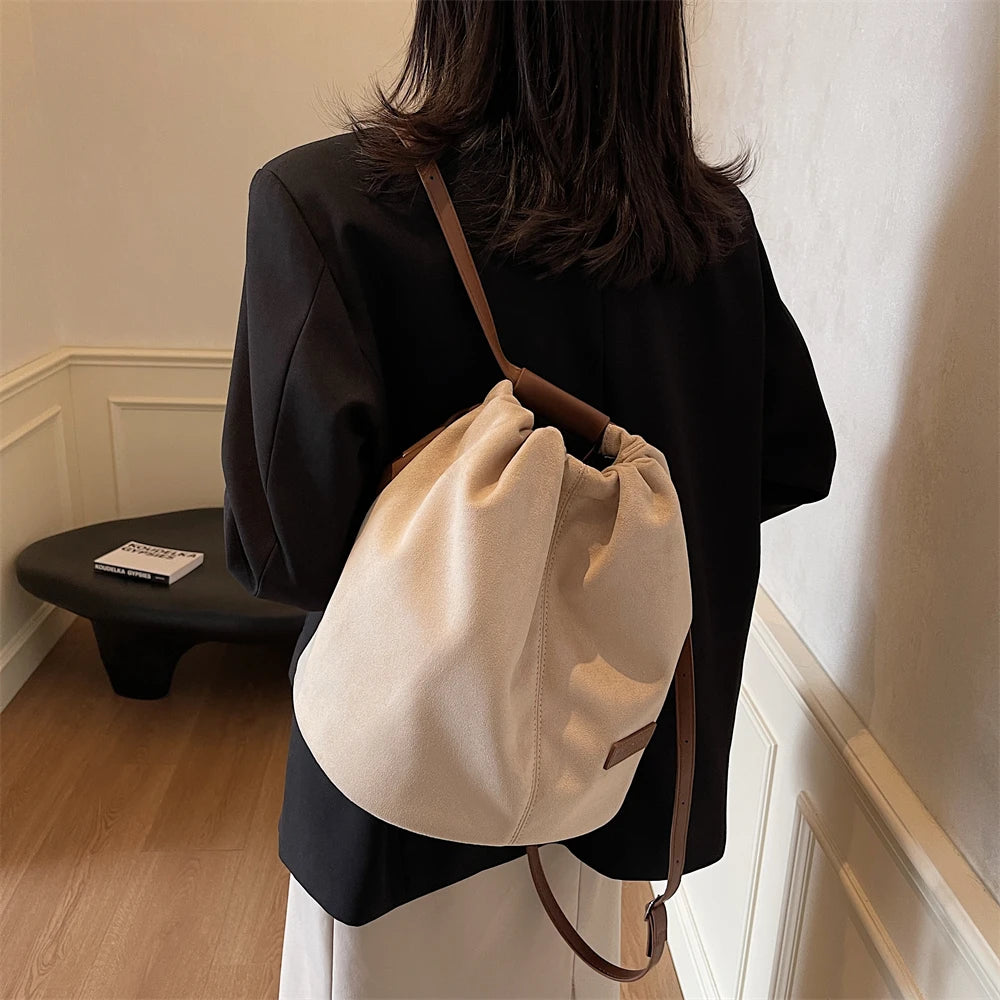 2024 Latest Women Fashion Backpacks Drawstring Bucket Shoulder Bags Soft Suede Large Capacity Rucksack For Travelling Shopping