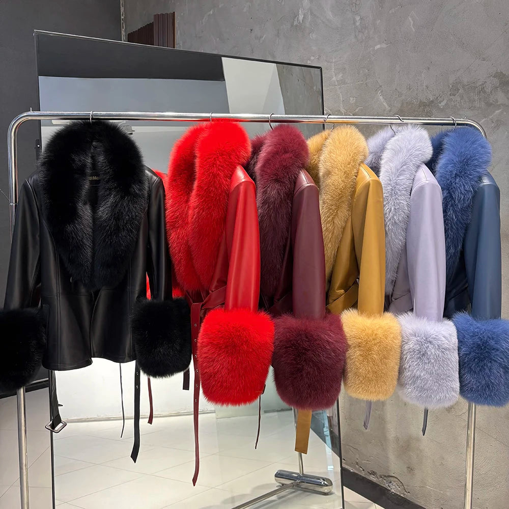 YOLOAgain Real Fox Fur Collar Genuine Leather Jacket Women