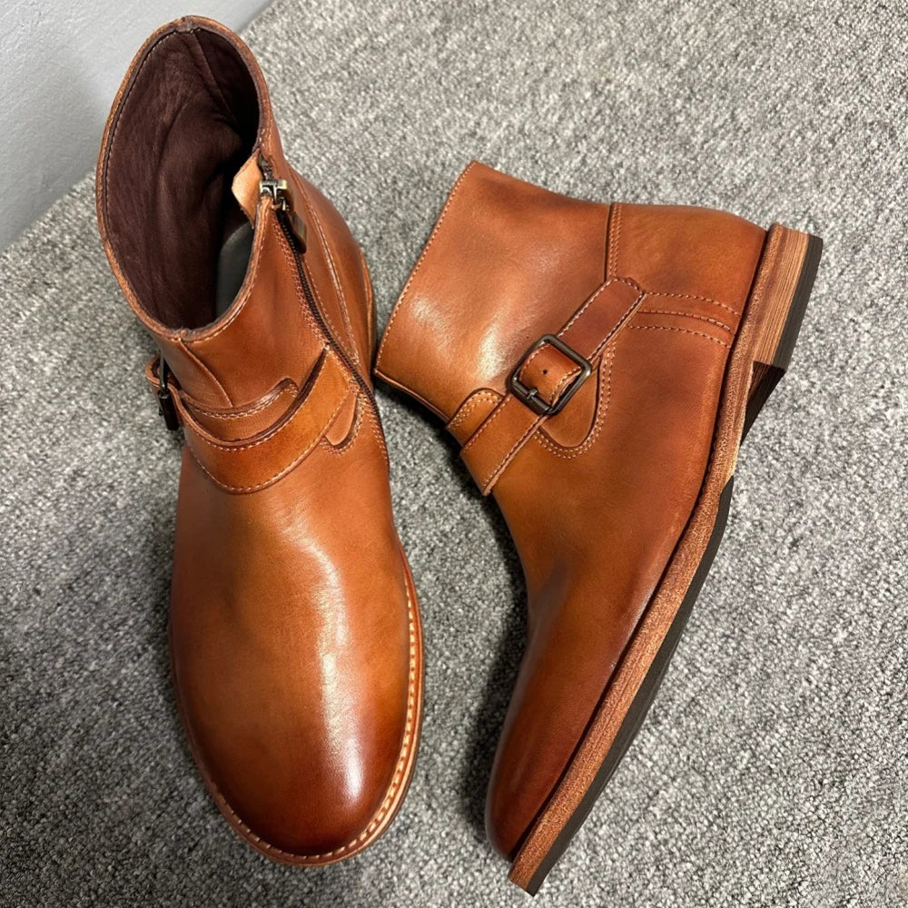 Handmade horsehide casual ankle boots Chelsea boots for men genuine leather sole adjustable strap decoration zip business style