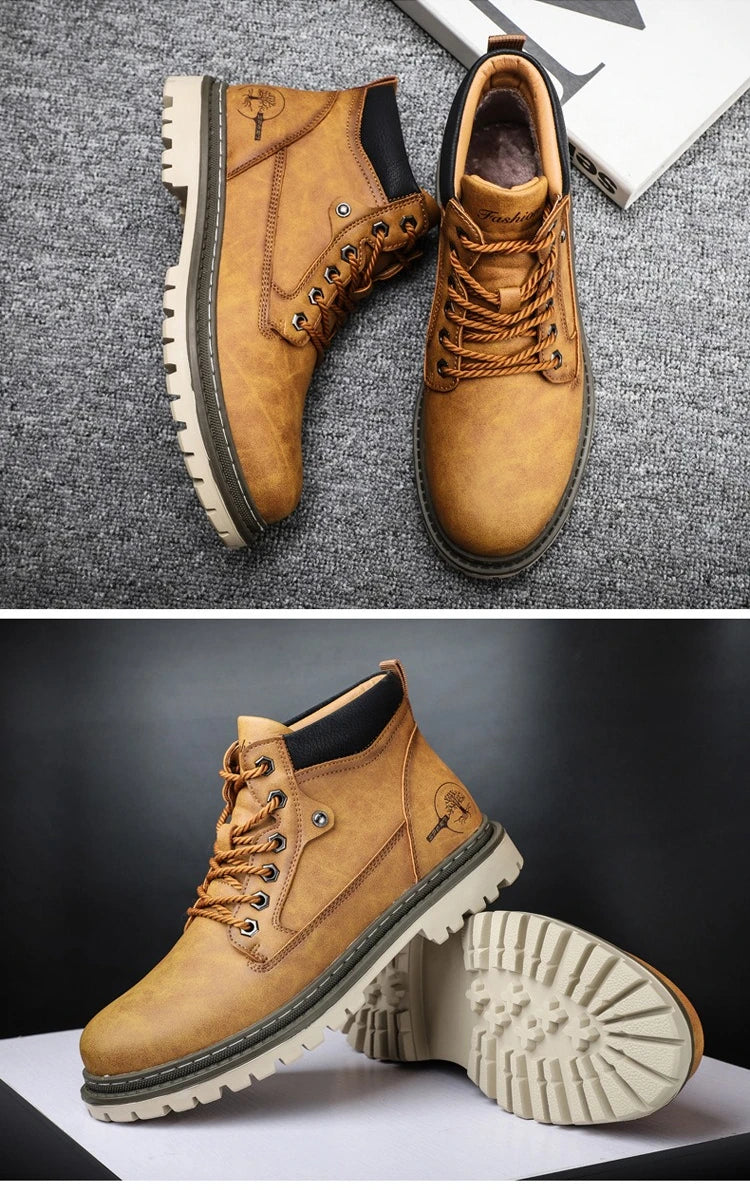 Men's High-Top British Style Motorcycle Boots Durable Cowboy Ankle Shoes Rugged Casual Non-Slip Leather Outdoor Work Footwear