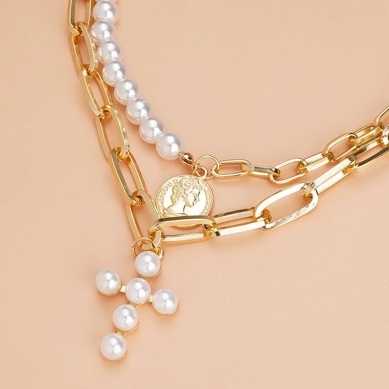 Classic Pendant Necklace for Women Micro Zircon Turkish Lucky Evil Eyes Palm Cross Pearl Multilayer Metal Chain Choker Jewelry