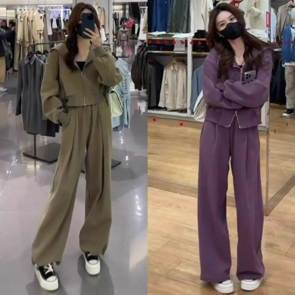 Pant Sets Two Pieces Hooded Hoodies Matching Sets Zipper Sweatshirts Long Sleeve Loose Drawstring Straight Pants Casual