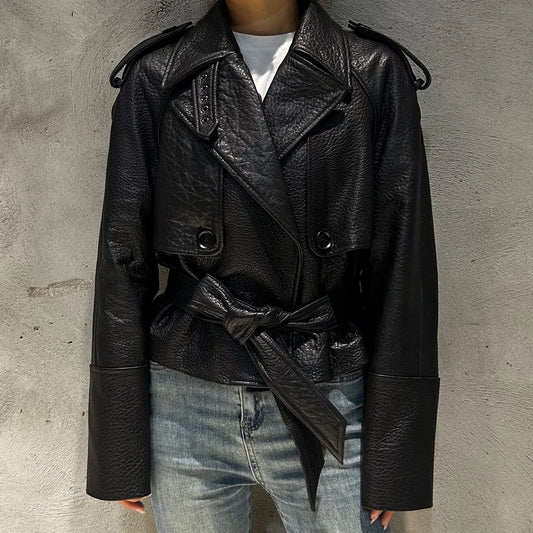 Elegant Black Leather Jacket Women Grained Sheep Leather Jackets New Style Lace-up Leather Jacket