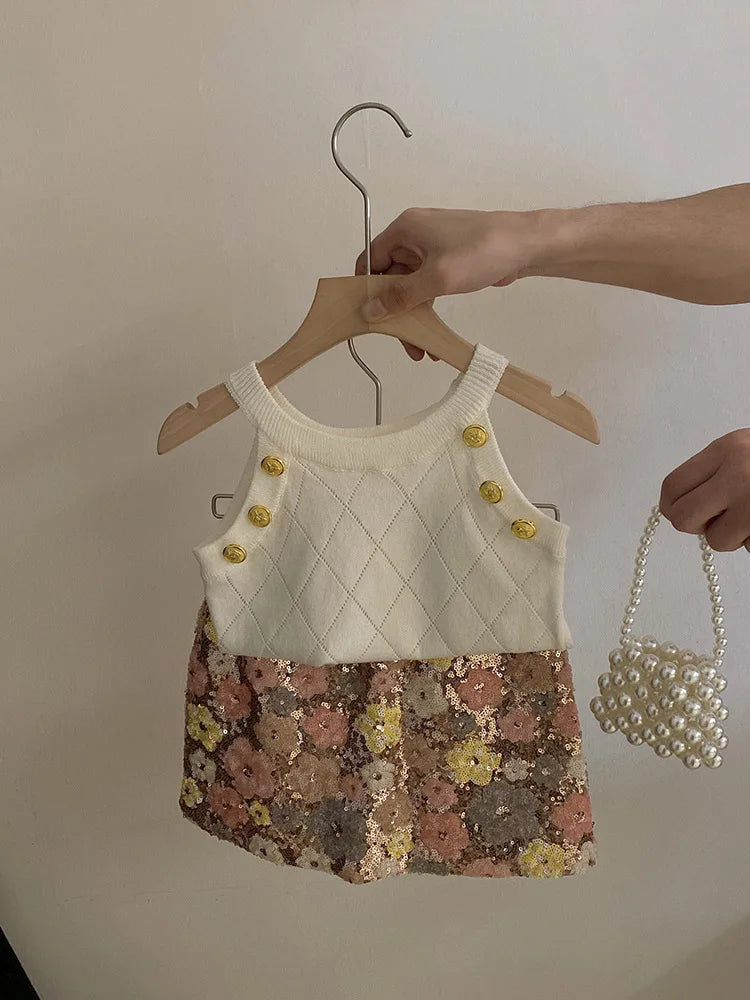 Summer Set Top 2024 New Girls Design Tank Top Flower Short Skirt Set Baby Girl Sweet Cute Temperament Clothes