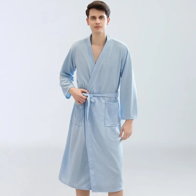 Men's Waffle Robe Long-Sleeve Solid Color Sauna Suit Soft And Breathable Bathrobe Ideal for Home Or Relaxation Cozy Loungewear