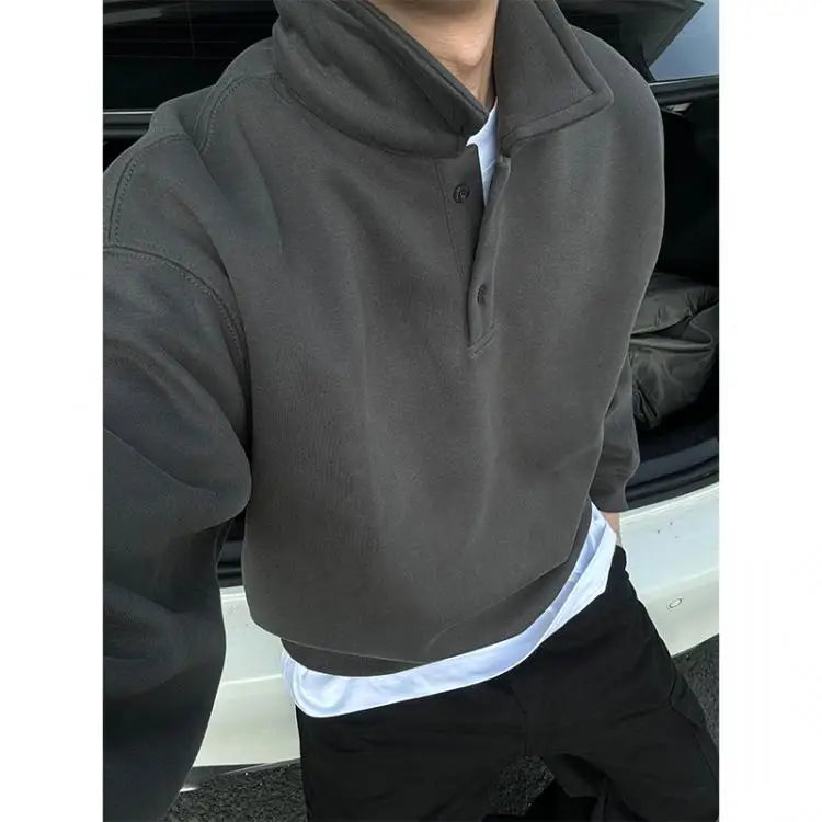Polo Collar Sweatshirt Men's Spring Autumn Style Long-sleeved Bottoming Shirt American Retro Lapel Jacket