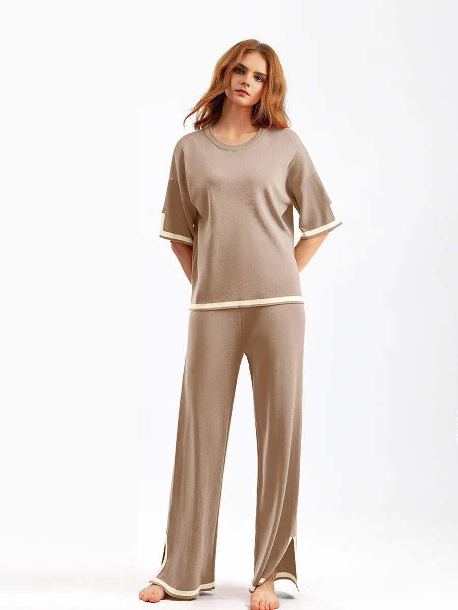 Pants Set Women Two Piece Sets Short Sleeve Spring Knit Tops Loose Casual Wide Leg Long Pants High Waist Y2k Streetwear Spring