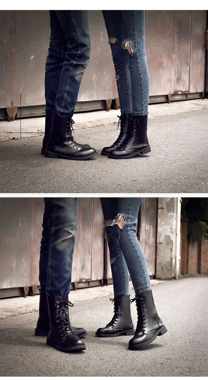Women's Boots 2026New Casual High Top Boot Fashion Women Motorcycle Boot Classic Black Mid-calf Leather Boots Women Ankle Boots