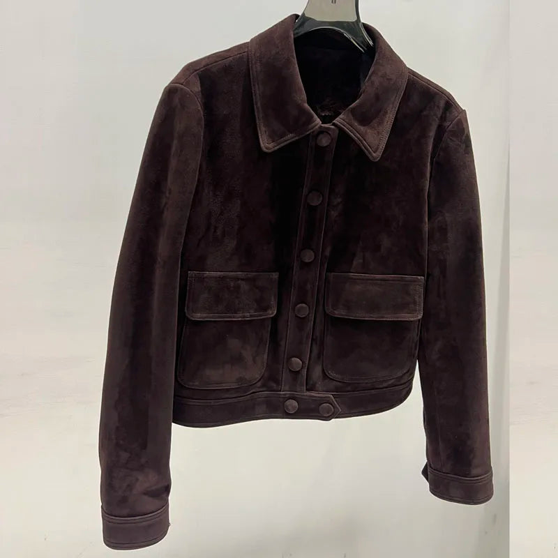 Winter Woman Clothing Old Money Style Retro Chocolate Brown Kid Suede Genuine Leather Jacket Streetwear Collar Slim Short Coat