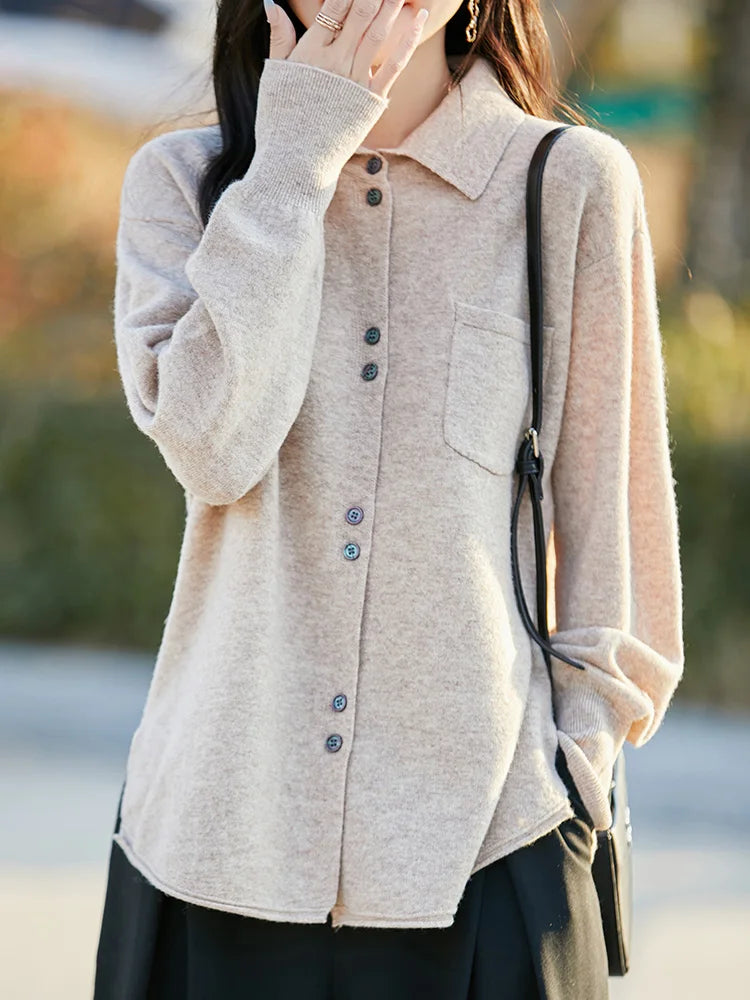 POLO Collar Wool Sweater 100 Pure Wool Spring And Autumn New Knitted Women Loose And Slimming Cardigan ZA682