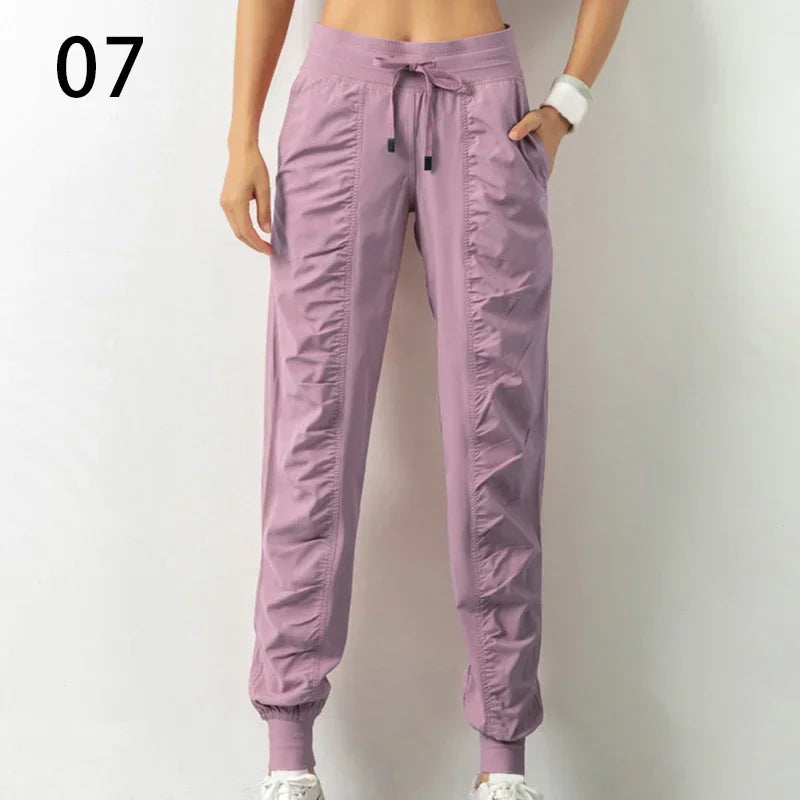 Sweatpants Fabric Drawstring Running Sport Joggers Women Quick Dry Athletic Gym Fitness with Two Side Pockets Exercise Pants