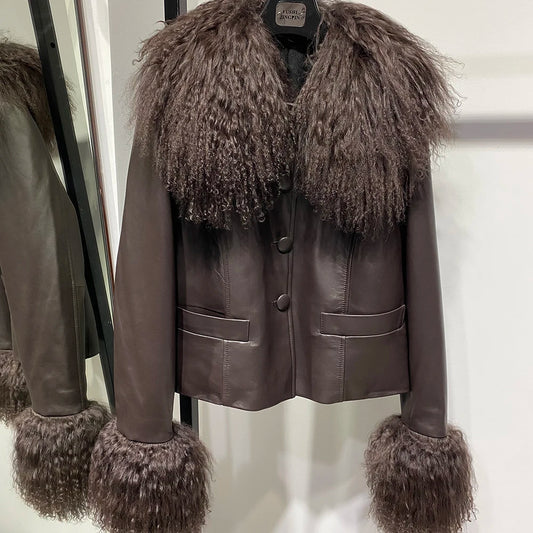 YOLOAgain Women's Mongolia Sheep Fur Collar Real Leather Jacket Single Breasted