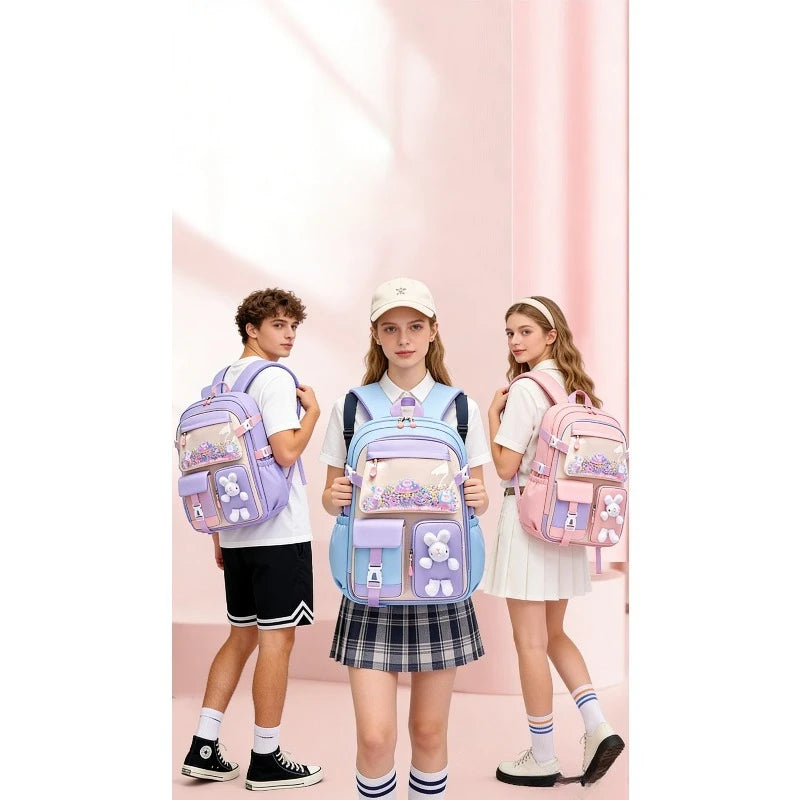 School Bag Oxford Cloth Polyester Waterproof Cute Cartoon Backpack Girls Spine Protection Rucksack Daily Campus Commuting Bag