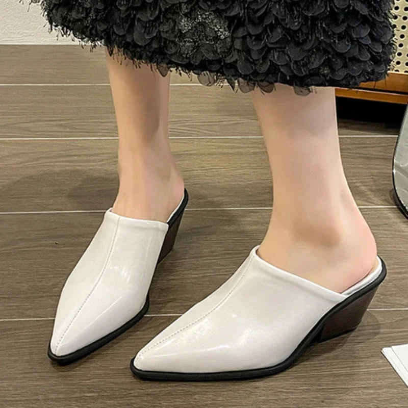 2024 Spring Summer New  Slippers Sexy Pointed Toe Slip on Shoes  Mules Female Fashion Thick Heel Outdoor Dress Sandals