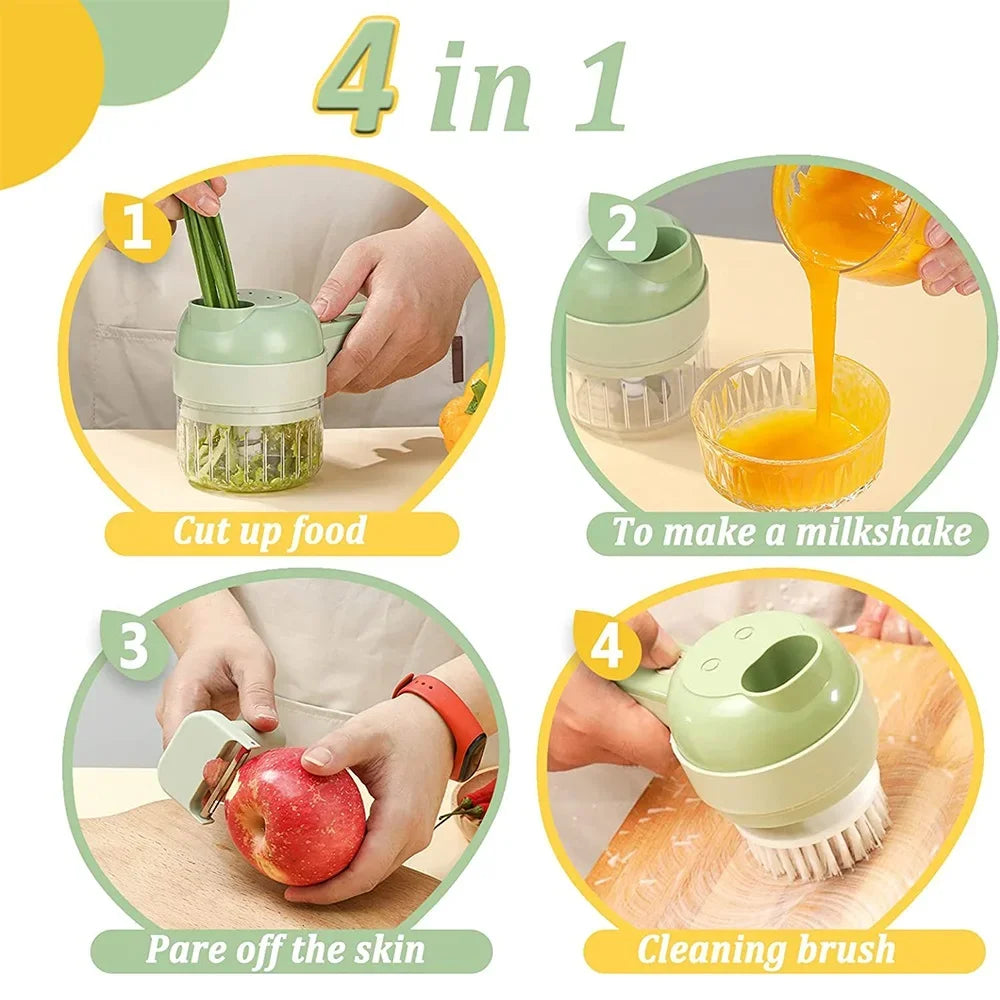 4in1 Wireless Electric Food Chopper Set Handheld Meat Grinder Garlic Masher Vegetable Cutter Rechargeable Stainless Steel Blades